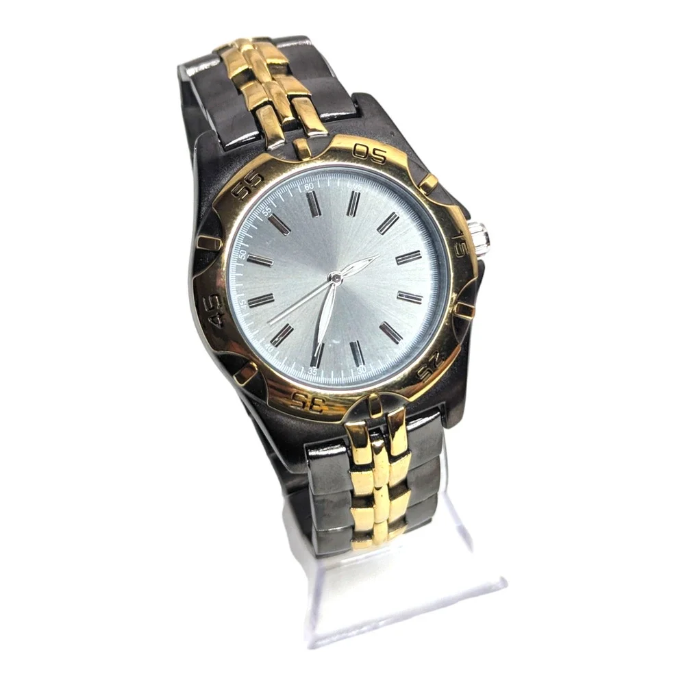 Two Tone Gray Face Silver Dial Men's Quartz Movement‎ Stainless Steel Wristwatch